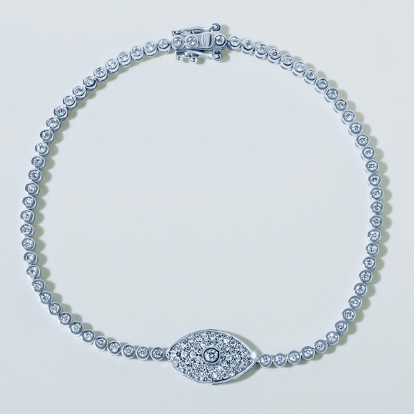 Solid 14K Gold  Natural Diamond Evil Eye Tennis Bracelet - Picture 1 of 6